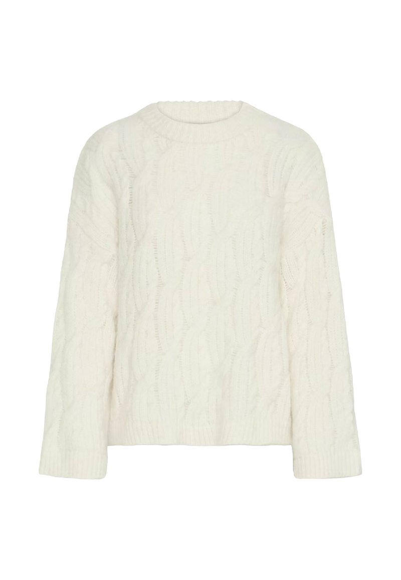 Maglione bianco lavorato a maglia con motivo a trecce, scollo rotondo, maniche lunghe e polsini a costine. Tessuto morbido e strutturato con una vestibilità comoda.