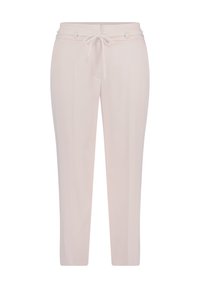 Lichtroze broek gemaakt van zachte stof, met een trekkoord in de taille, rechte pijpen en verticale naaddetails. Gladde textuur.