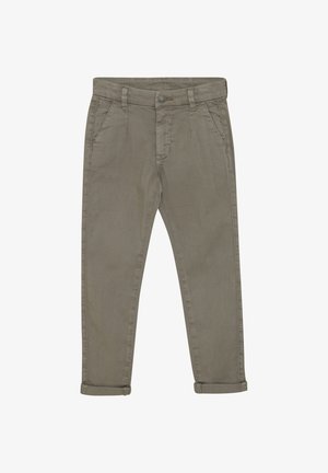 Light gray chinos made of cotton with a slim fit. Features include side pockets, a button closure, and rolled cuffs at the ankles.