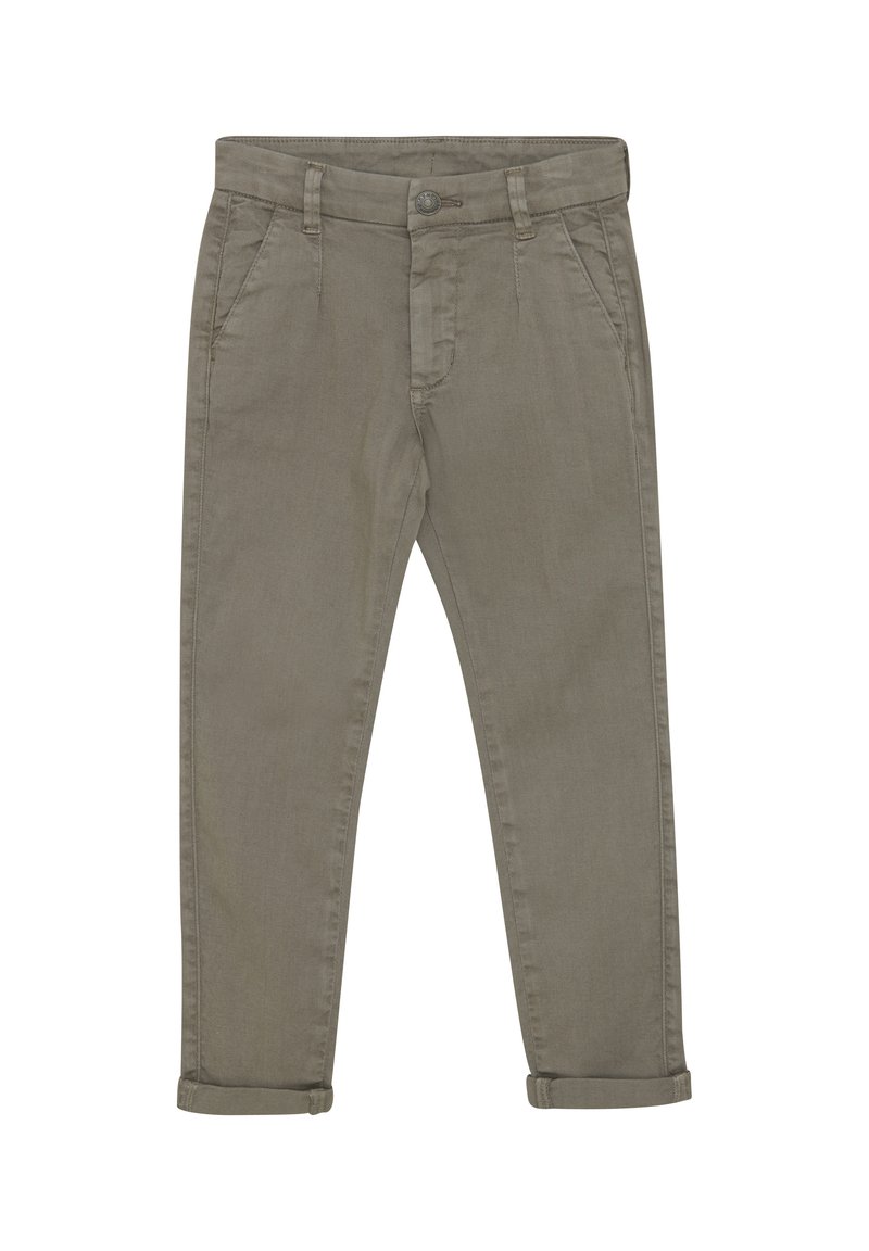 Lichtgrijze chino's van katoen met een slim fit. Kenmerken zijn onder andere zijzakken, een knoopsluiting en opgerolde manchetten bij de enkels.