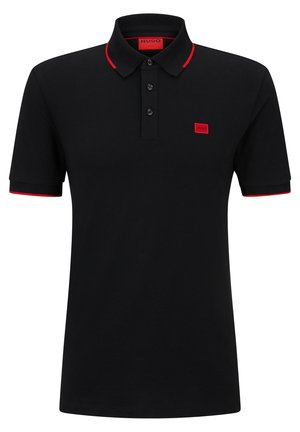 Black polo shirt in cotton with red accents at the collar and sleeves. Features a buttoned placket and a small red logo on the chest.