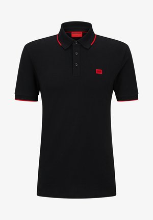 Black polo shirt in cotton with red accents at the collar and sleeves. Features a buttoned placket and a small red logo on the chest.