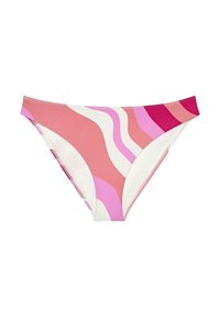 Różowy i biały kostium kąpielowy w stylu bikini z falistymi wzorami. Wykonany z elastycznej tkaniny, z średnim stanem i klasycznym krojem.