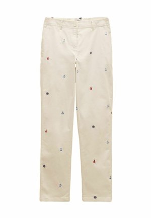 Helle beige Hose mit bestickten maritimen Motiven, darunter rote Segelboote und blaue Anker, mit einem geraden Bein Design und Fronttaschen.