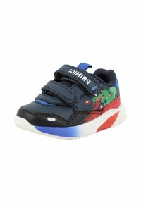 Sneaker sintetiche blu con accenti neri e rossi, dotate di due strisce in velcro e una grafica colorata di un dinosauro sul lato.