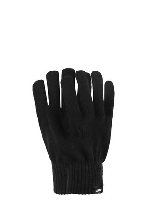 Czarne rękawiczki dziane z pięcioma otworami na palce, ściągaczem i teksturowaną tkaniną w celu zapewnienia chwytu. Prosty design bez dodatkowych wzorów.