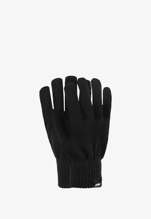 Czarne rękawiczki dziane z pięcioma otworami na palce, ściągaczem i teksturowaną tkaniną w celu zapewnienia chwytu. Prosty design bez dodatkowych wzorów.