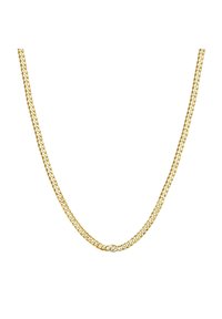 Arany lánc nyaklánc csavart mintázattal, összekapcsolt gyűrűkkel. Simított, fényes felület; egységes vastagság az egész hosszában.