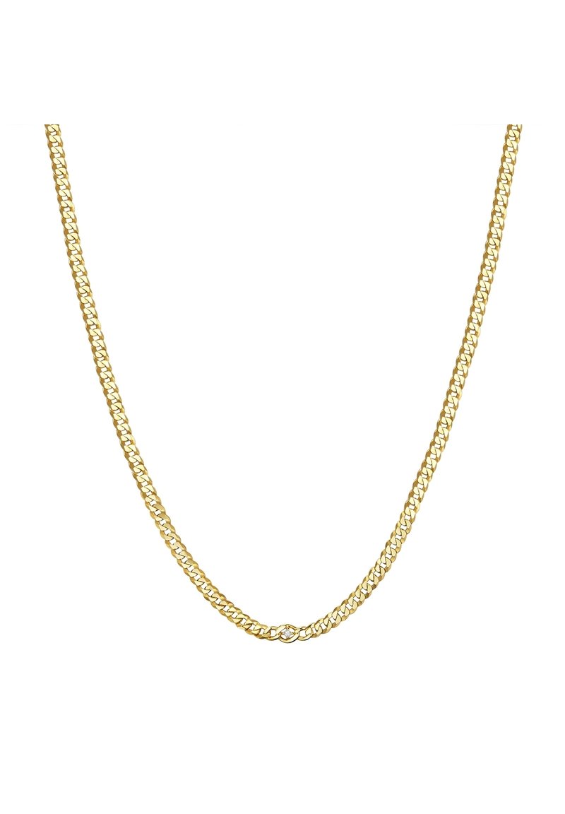 Arany lánc nyaklánc csavart mintázattal, összekapcsolt gyűrűkkel. Simított, fényes felület; egységes vastagság az egész hosszában.