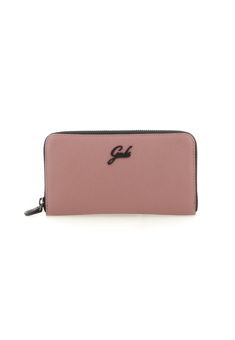 Portafoglio con zip in pelle testurizzata rosa chiaro, con logo nero e linguetta della zip, esposto su uno sfondo bianco.