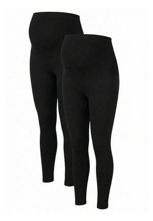 Kaksi mustaa äitiysleggingsparia, joissa korkeat ja joustavat vyötärönauhat, esillä valkoista taustaa vasten.