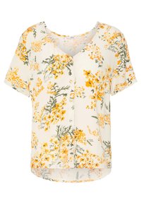 Blumen Kurzarmbluse in Creme mit gelben und grünen Blumenmustern, ausgestattet mit einem V-Ausschnitt und einem lockeren Schnitt. Gezackter Saum.