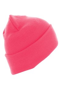 Bonnet tricoté rose vif avec un revers, présentant une texture côtelée et un tissu doux adapté aux temps froids.