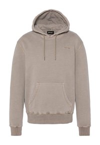Beige Kapuzenpullover aus weichem Stoff, mit einer großen Fronttasche, Kordeln und gerippten Bündchen und Saum. Dezentes Logo auf der Brust.