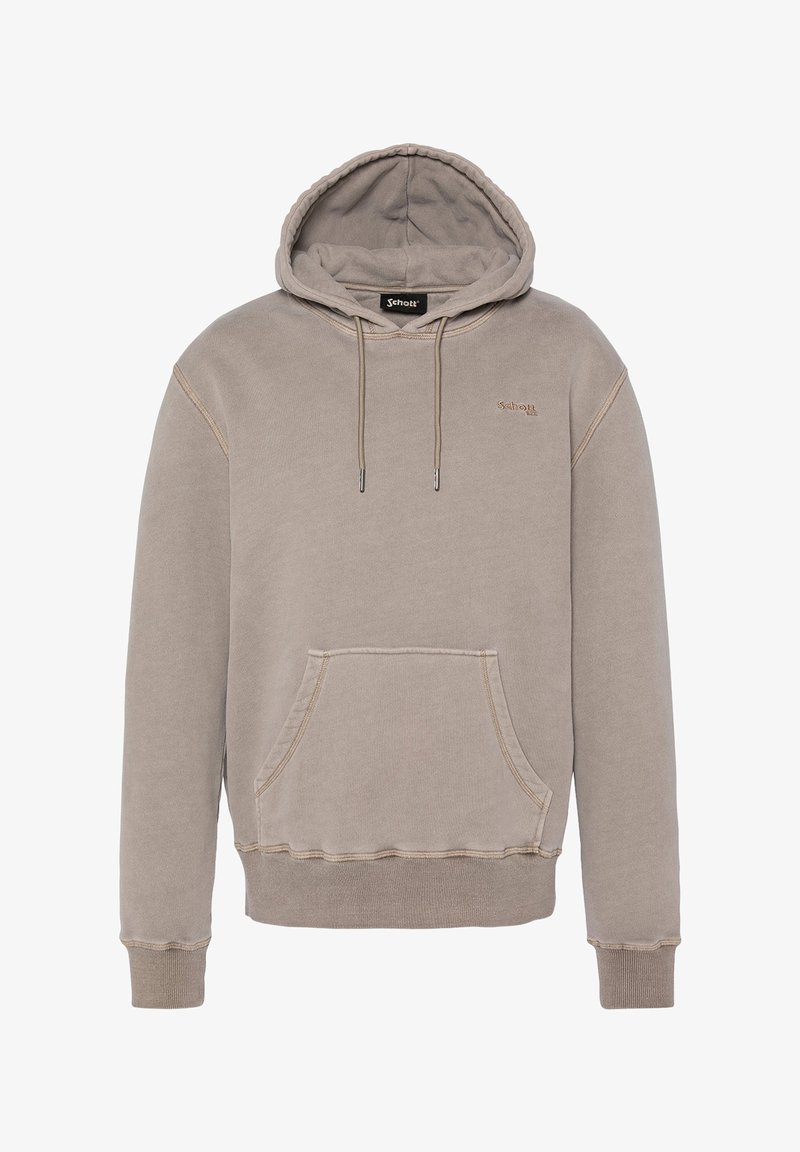 Beige Kapuzenpullover aus weichem Stoff, mit einer großen Fronttasche, Kordeln und gerippten Bündchen und Saum. Dezentes Logo auf der Brust.