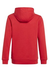 Röd hoodtröja med stor, mjuk huva; långa ärmar och ribbade muddar; slät textur; inga synliga mönster eller metalldetaljer.