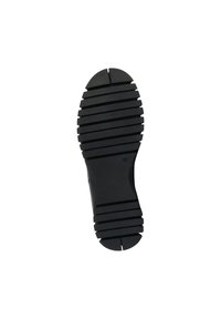 Suola di scarpa in gomma nera con scanalature orizzontali e verticali, dotata di punta arrotondata e superficie texturizzata per una migliore presa. Senza marchi visibili.
