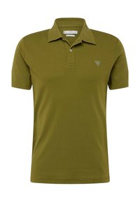 Polo shirt vert olive, en mélange de coton, avec patte de boutonnage à deux boutons, manches courtes, détail en relief sur le col, petit logo en triangle sur la poitrine gauche.