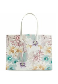 Borsa a tracolla floreale in bianco, con fiori rosa, turchese e oro, manici lisci e forma rettangolare piatta.