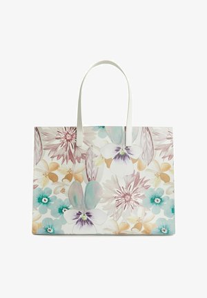 Borsa a tracolla floreale in bianco, con fiori rosa, turchese e oro, manici lisci e forma rettangolare piatta.