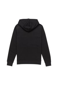 Schwarzer Kapuzenpullover, der eine weiche Textur, lange Ärmel und einen gerippten Saum aufweist. Die Rückseite ist schlicht ohne zusätzliche Details oder Verzierungen.