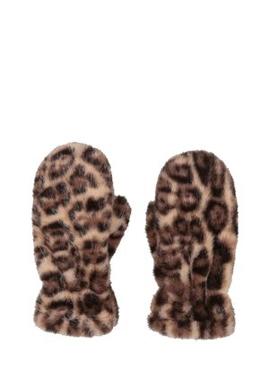 Mittens od umjetne krzna s uzorkom leopard, s mekom i pahuljastom teksturom te udobnom prianjanju. Uključuje akcent s logotipom brenda na jednoj od rukavica.