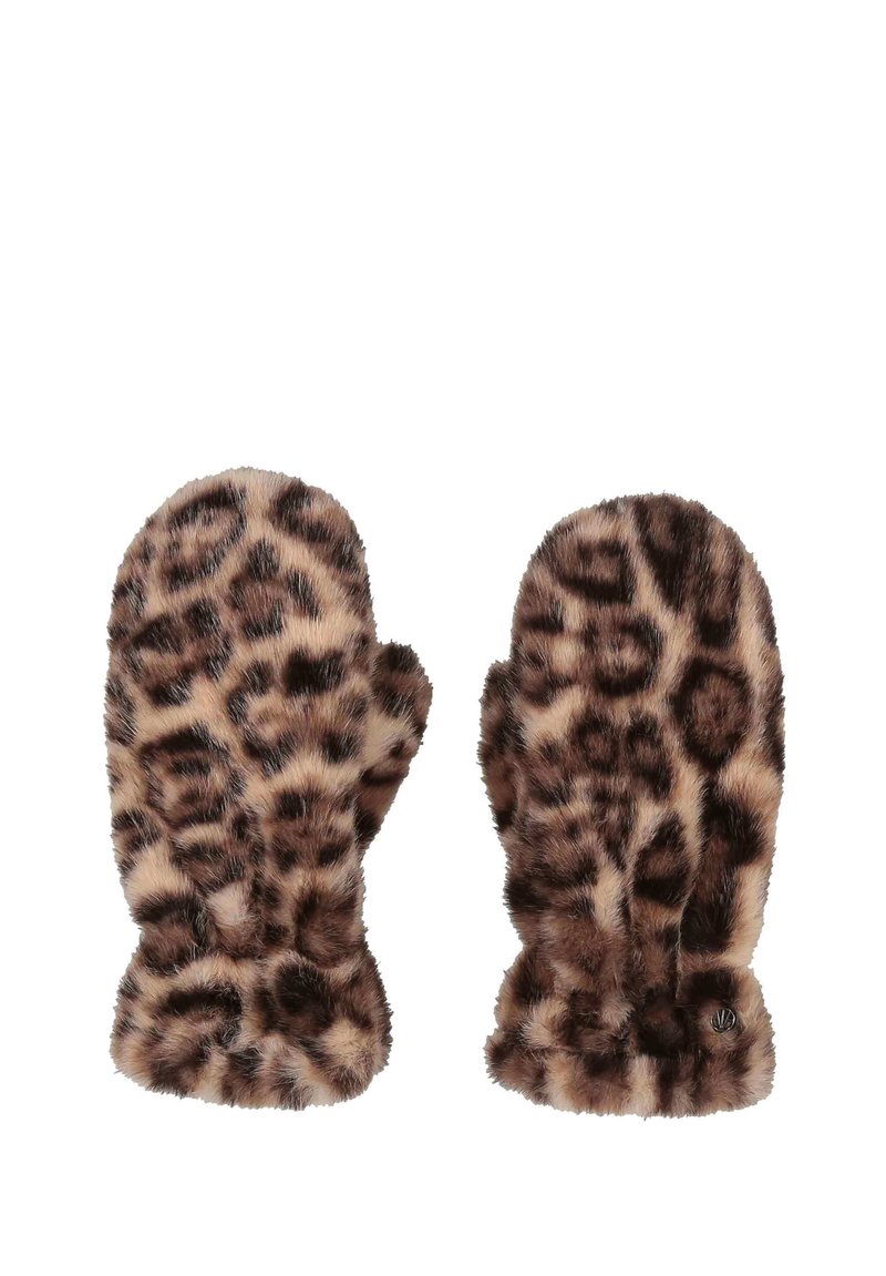 Guanti in pelliccia sintetica con motivo leopardato, caratterizzati da una texture morbida e soffice e da una vestibilità aderente. Include un accento con il logo del marchio su un guanto.