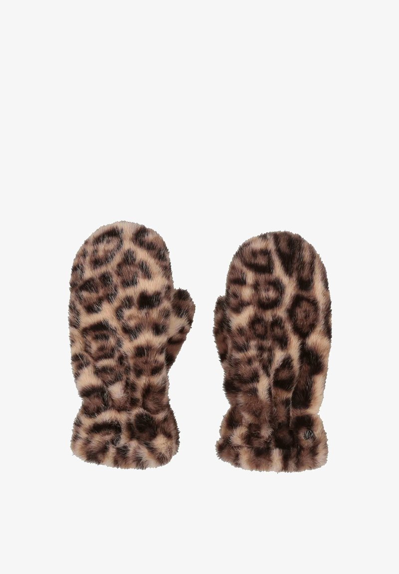 Guanti in pelliccia sintetica con motivo leopardato, caratterizzati da una texture morbida e soffice e da una vestibilità aderente. Include un accento con il logo del marchio su un guanto.