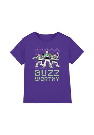 Purple t-shirt featuring three Buzz Lightyear figures in action poses with the text "BUZZ WORTHY" in green below them.