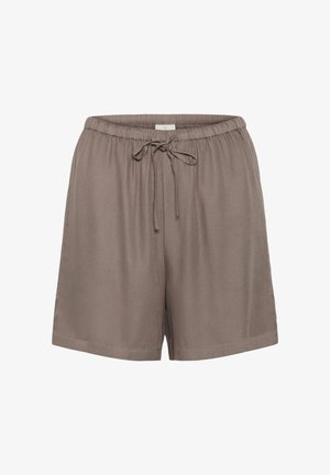 Brown shorts made of smooth fabric, featuring an elastic waistband with a drawstring, and side slit pockets. Classic mid-thigh length.