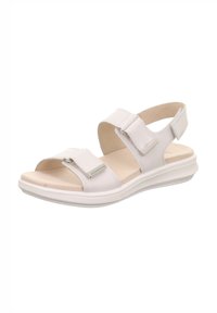 Weiße Sandalen mit zwei verstellbaren Riemen und silbernen Beschlägen, einer gepolsterten Innensohle und einer leichten weißen Sohle.