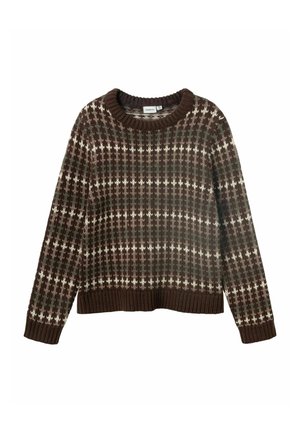 Brun, grøn og hvid mønstret strikket sweater med ribstrikket rund halsudskæring, ærmekanter og kant, vist fladt på hvid baggrund.