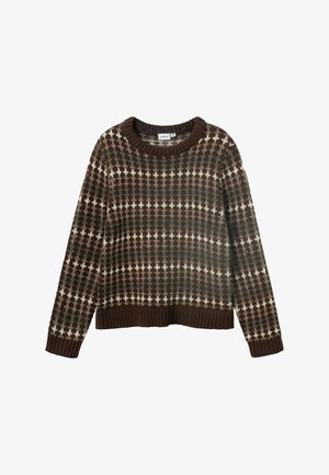 Pull tricoté à motifs marron, vert et blanc avec encolure, poignets et ourlet côtelés, présenté à plat sur fond blanc.