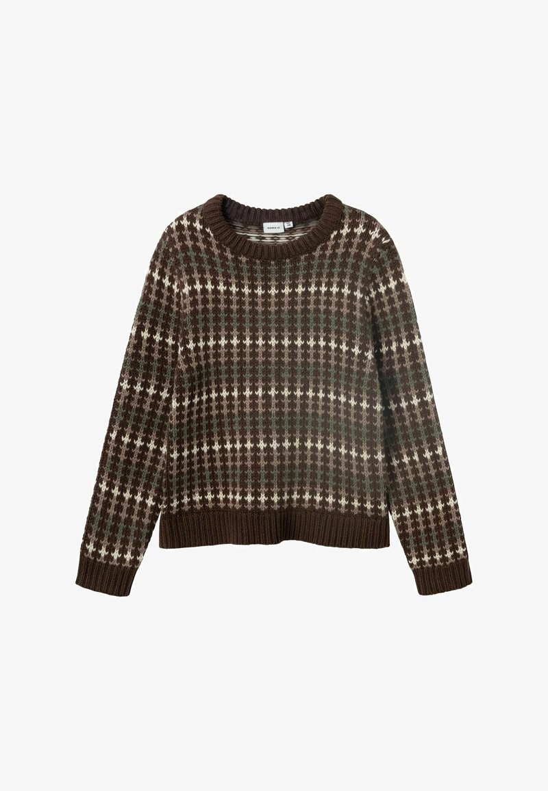 Pull tricoté à motifs marron, vert et blanc avec encolure, poignets et ourlet côtelés, présenté à plat sur fond blanc.