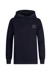 Námořnická modrá mikina z měkké tkaniny, která má klokaní kapsu, žebrované manžety a logovou nášivku na hrudi. Obsahuje také stažitelnou kapuci.