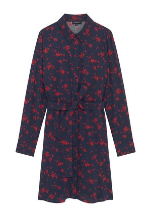 Vestito camicia lungo blu navy con motivo floreale rosso, bottoni frontali, colletto e cintura annodata in vita.