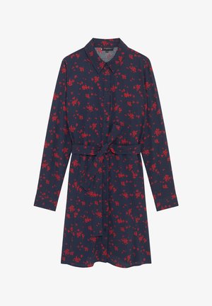 Marineblauwe jurk met lange mouwen, versierd met een rode bloemenpatroon, met knopen aan de voorkant, kraag en een strikceintuur.