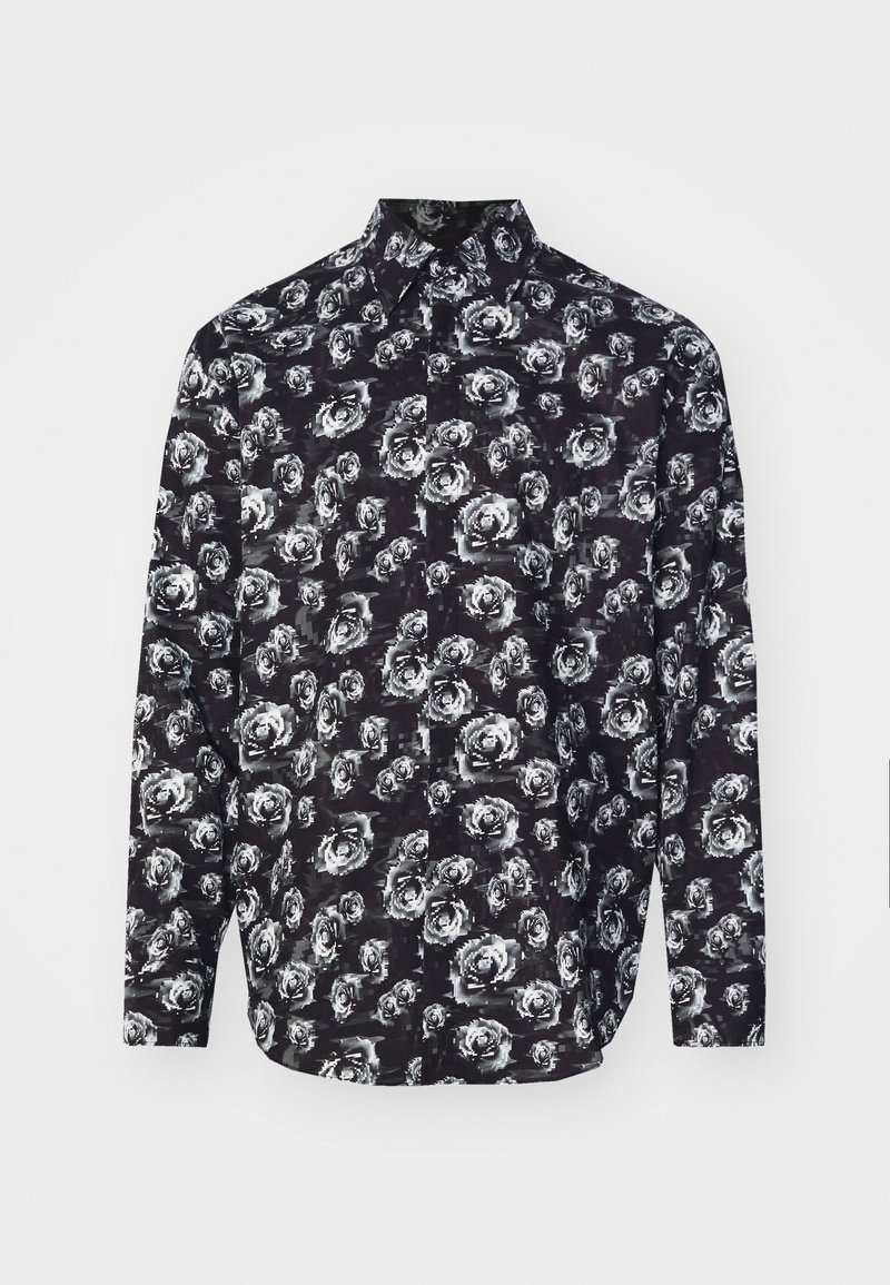 Schwarz langärmliges Hemd mit einem weißen Rosenmuster, Kragen und Knopfleiste. Hergestellt aus leichtem Stoff mit glatter Textur.