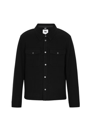 Schwarze, knöpfbare Hemdjacke mit Kragen, langen Ärmeln und zwei vorderen Taschen. Hergestellt aus einem weichen Stoff mit glatter Textur und silbernem Zubehör.