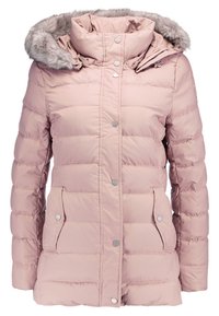 Light pink puffer jacket with a faux fur-lined hood, snap-button closure, diagonal quilting, and side pockets. Smooth, water-resistant material.