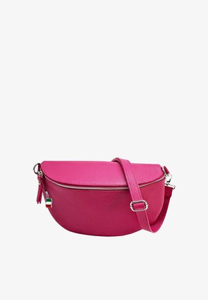 Pink leather crossbody bag with a rounded shape, zip closure, adjustable strap, and a small Italian flag detail. Textured exterior.