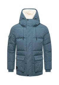 Puffer jacket in light blue, featuring a hood, faux fur lining, two front pockets, and elastic cuffs, with stitched panel detailing.