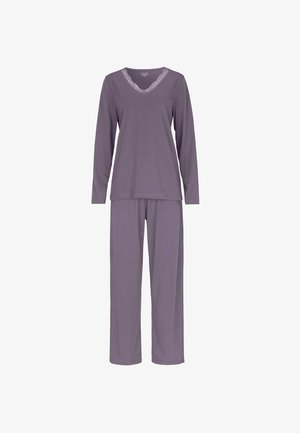 Purppura pitkähihaisista pyjamasetistä, jossa on V-kaula-aukko ja pitsin reunus, löysästi istuvat housut, valmistettu pehmeästä ja kevyestä kankaasta.