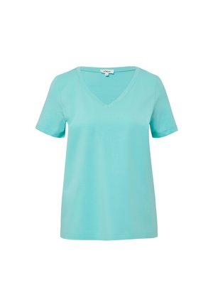 T-shirt à manches courtes de couleur turquoise clair en V, fabriqué dans un tissu doux, avec une coupe décontractée et un design simple sans motifs ni accents.