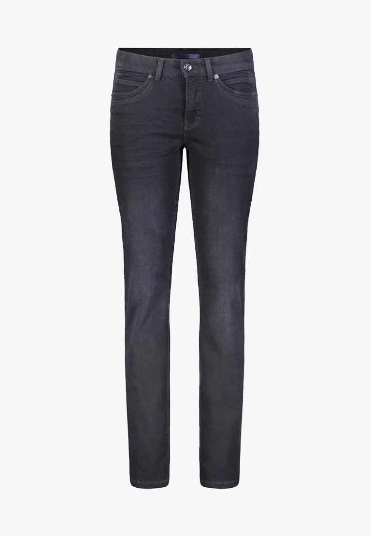 Mörka denimjeans med rak passform, klassisk femficksdesign, dragkedja och subtila detaljer på fickor och sömmar.