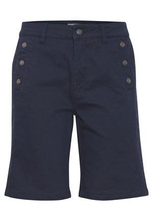 Tamsiai mėlynos šortai, pagaminti iš medvilnės audinio, su tiesiu siluetu, penkiais mygtukais šoninėse dalyse ir klasikiniu liemeniu su diržo kilpomis.