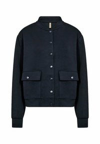 Zwarte cropped jas met kraag, voorsluiting met drukknopen en twee opgestikte zakken, gemaakt van soepel zachte stof met een gladde textuur.