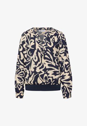 Langærmet bluse med navyblåt og kremfarvet abstrakt blomsterprint, V-hals og tætsiddende navyblåt taljebånd og manchetter.