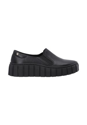 Schwarze Slipper mit einer glatten Leder-Oberfläche und einer dicken, geriffelten Gummisohle. Verfügt über elastische Seitenpaneele und ein dekoratives Metall-Accessoire.