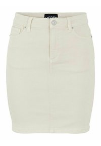 Falda hasta la rodilla en denim beige claro, con un diseño ajustado, cinco bolsillos, cierre frontal de botón y cremallera, y dobladillo recto.